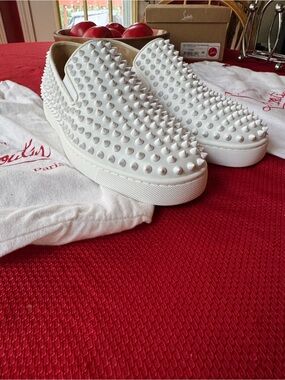 Christian Louboutin White Spiked Slip-On Loafers